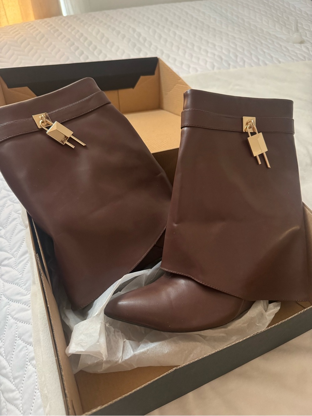 Fashion Nova Dark Brown Knee-High Heeled Boots with Gold Lock Accent